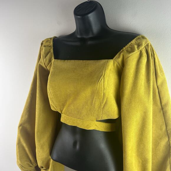 HYFVE Top Cropped Ballon Sleeve Corduroy Smocked Mustard Yellow Tie Back - Picture 3 of 10